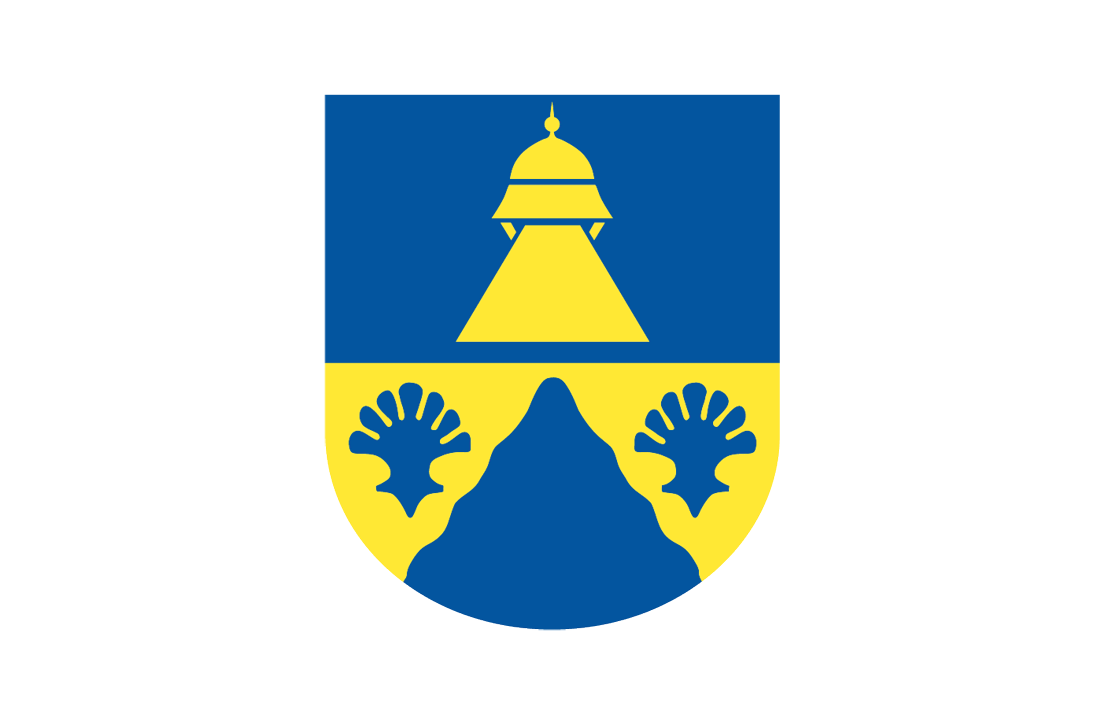 Partilles kommunvapen. I det nedre fältet återfinns berget och snäckorna i blått mot gul bakgrund. I det övre fältet finns den gula klockstapeln vid Partille kyrka mot blå bakgrund.