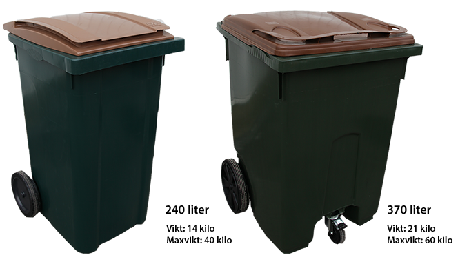 Bild på två avfallskärl för trädgårdsavfall med grön behållare och brunt lock. De två kärlen är olika stora och rymmer 240 liter respektive 370 liter.