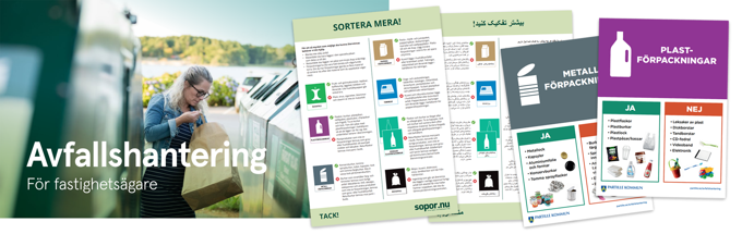 Exempel på stödmaterial: Fastighetsägarnas handbok, sorteringsguider och sorteringsskyltar.