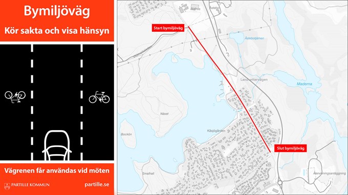 Till vänster på bilden visas den typ av skylt som kommer att markera bymiljövägens början och slut på Kåsjövägen. Till höger på bilden finns en karta på vilken bymiljövägens sträckning mellan Åstebo och Brasebacken på Kåsjövägen illustreras med en röd linje.