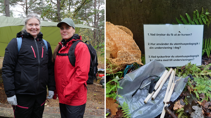 Bild som visar Maria Sandberg och Amanda Bosshammar som står framför ett vindskydd i skolskogen i Jonsered. 
