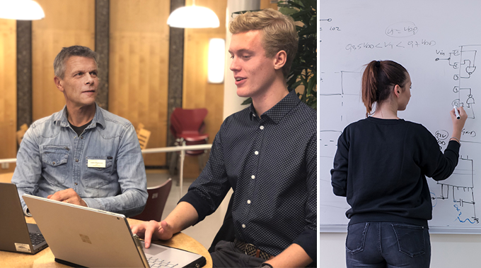 Bild till vänster: Läraren Joakim Magnusson och koordinatorn Nils Grimbeck sitter vid ett bord och pratar. Framför sig har de en dator. Bild till vänster: Kvinna skriver på en whiteboard-tavla. 