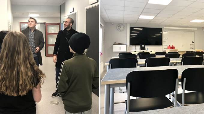 En bild som visar två personer som står i en skolkorridor och pratar med elever. En bild som visar ett nyrenoverat klassrum på skolan. 