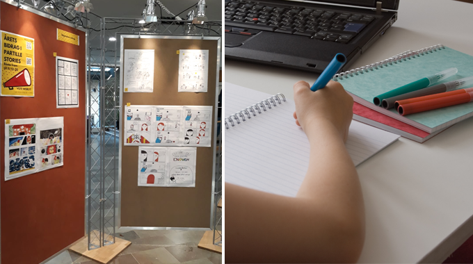 Bild som visar skärmar med serier på i Kulturum, samt en hand som skriver på ett papper. 