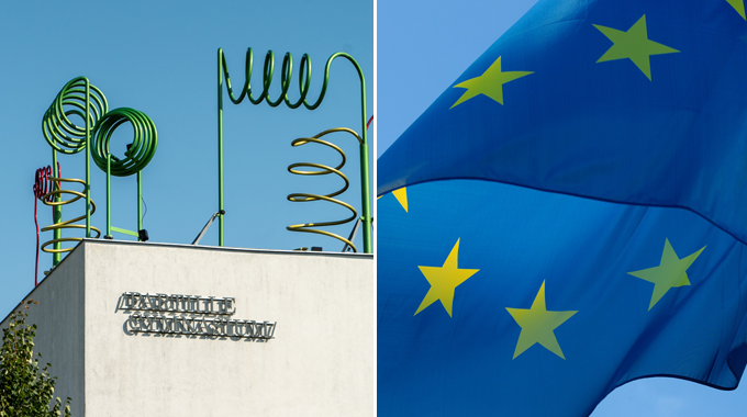 En bild som visar taket på Partille Gymnasiums byggnad. En bild som visar Europeiska Unionens flagga. 