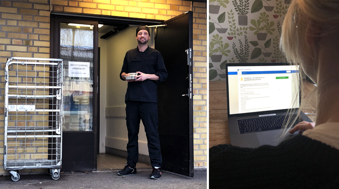 En bild som visar kökschefen David Andersson som står på en lastbrygga med en matlåda i handen. En bild som visar en dator med e-tjänsten för att beställa skollunch. 
