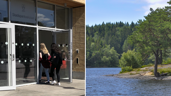 Två bilder En bild av elever går in i en skola. En bild av träd vid en sjö. 