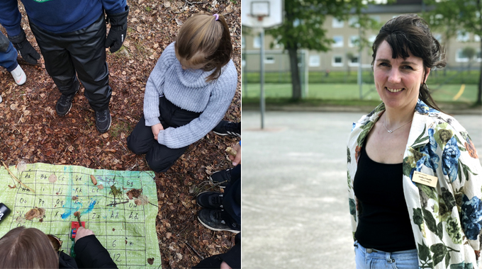 En bild som visar barn under en lektion i skogen. En bild som visar läraren Emilia O´Keeffe på Vallhamras skolgård. 