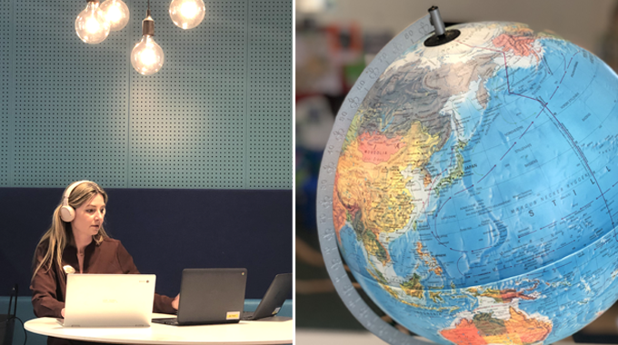 Bild till vänster: Lärare sitter vid ett bord med datorer. Bild till höger: Jordglob.