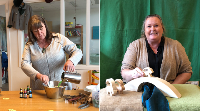 En bild som visar en fritidspedagog som stor vid ett bord och förbereder playdoh-lera och en bild som visar en förskolelärare som läser en saga. 