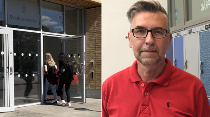 Bild till vänster: Två elever går in genom dörren till Stadsparksskolan. Bild till höger: Läraren Michael Johansson står i korridoren i skolan. 