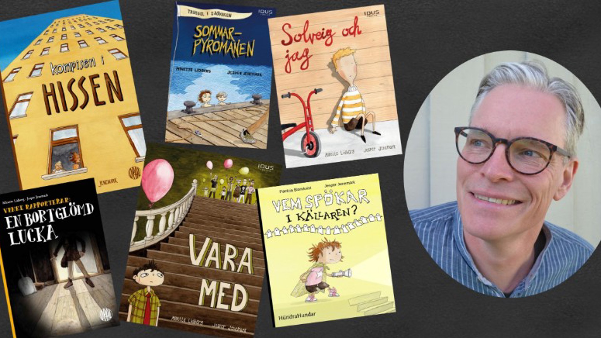 Bild på Jesper Jenemark tillsammans med illustrationer