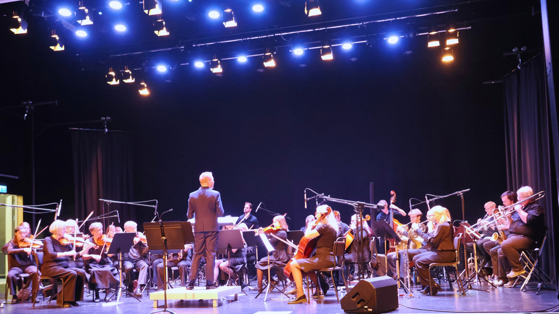Bild på en orkester med 40 musiker och deras respektive instrument