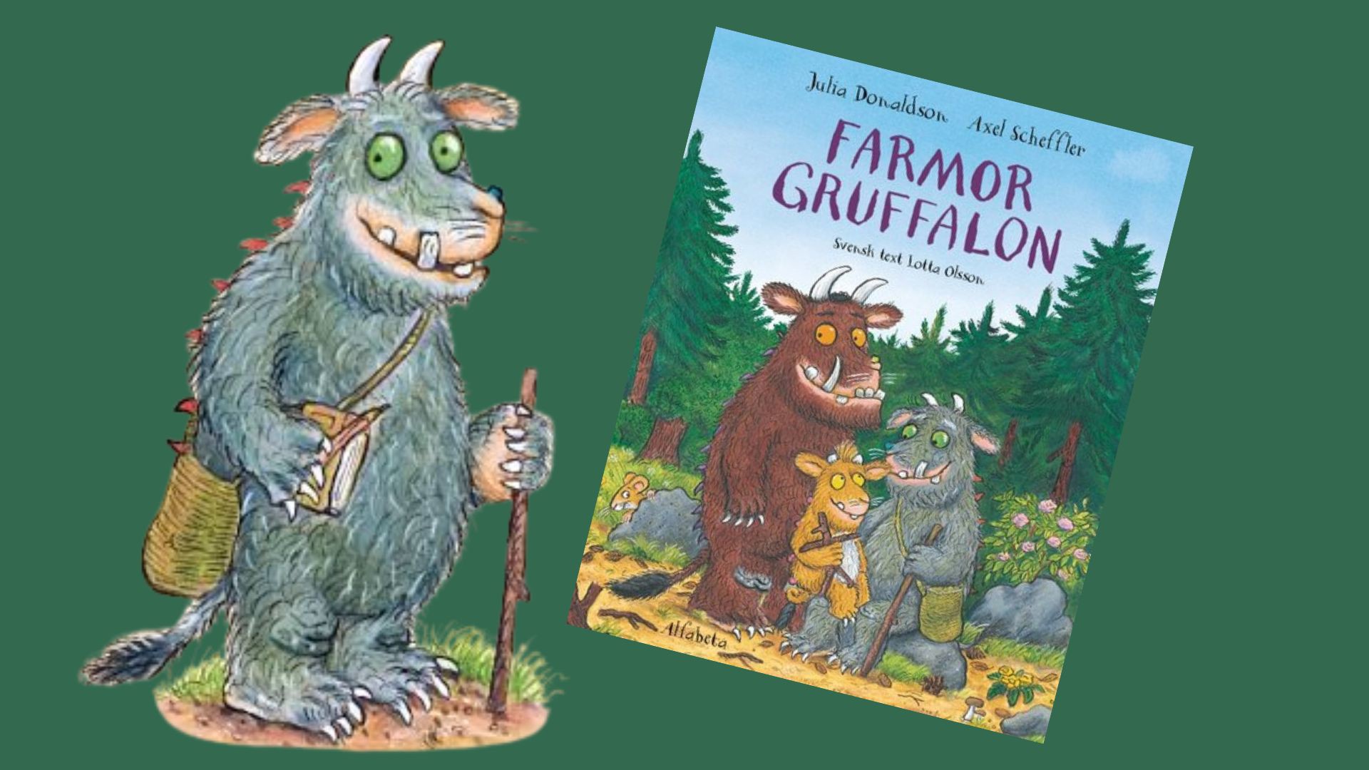 Bild på Gruffalon och farmor Gruffalon med grön bakgrund