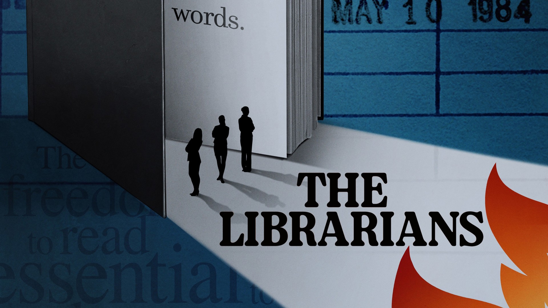 Bild på texten The Librarians, grafisk bild på tre personer som står i en öppningen av en bok.