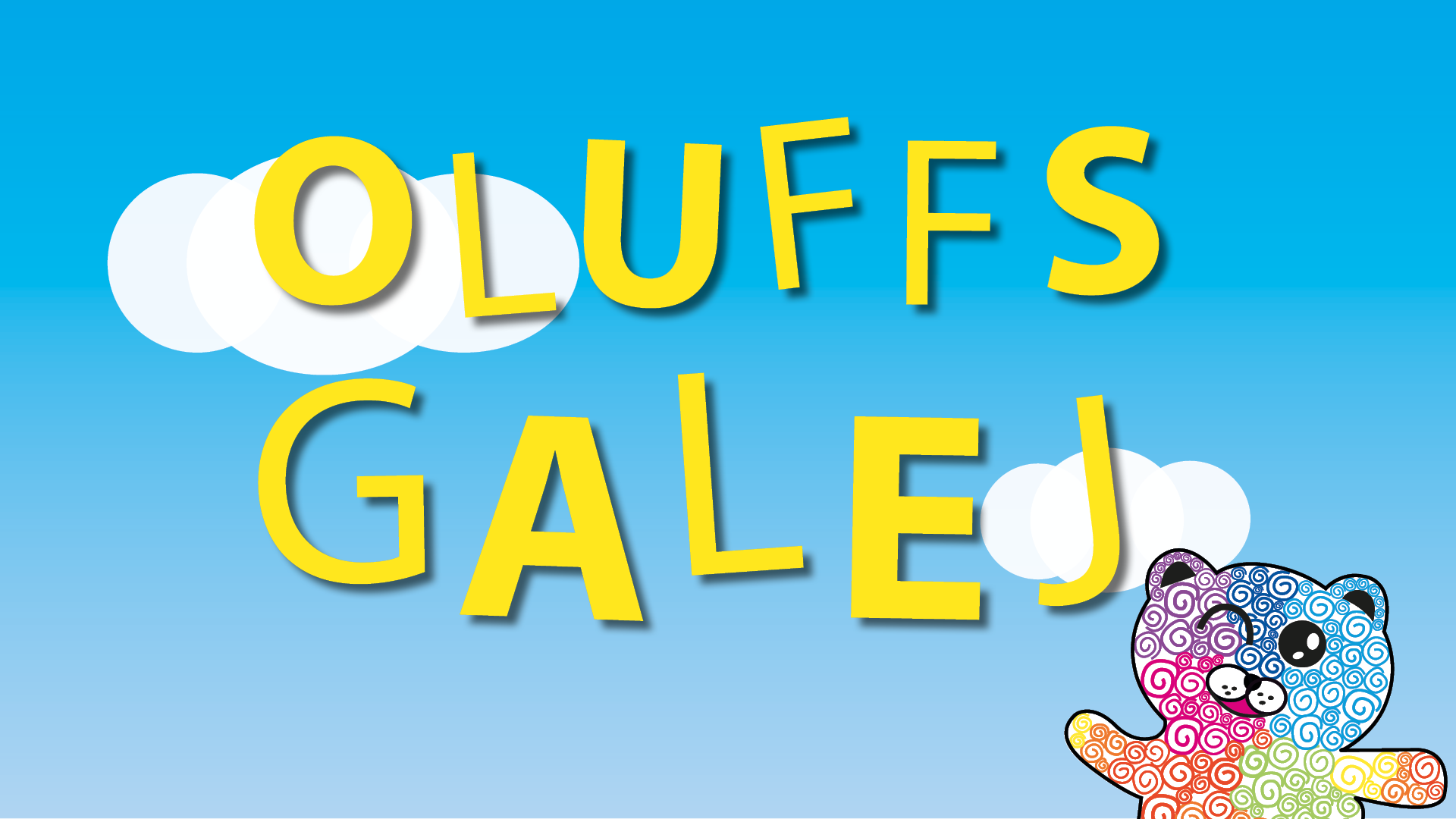 Bild på texten Oluffs galej och festivalmaskoten.