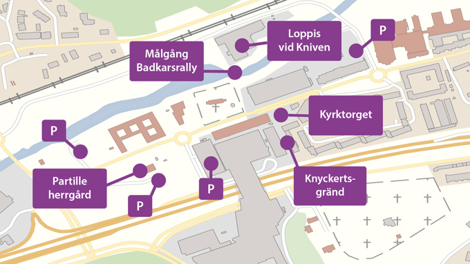 Karta som visar olika aktiviteter i Partille centrum under vårfesten