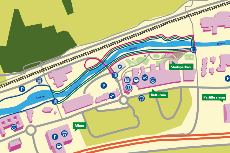 Illustrerad karta över Årundan i Stadsparken. 