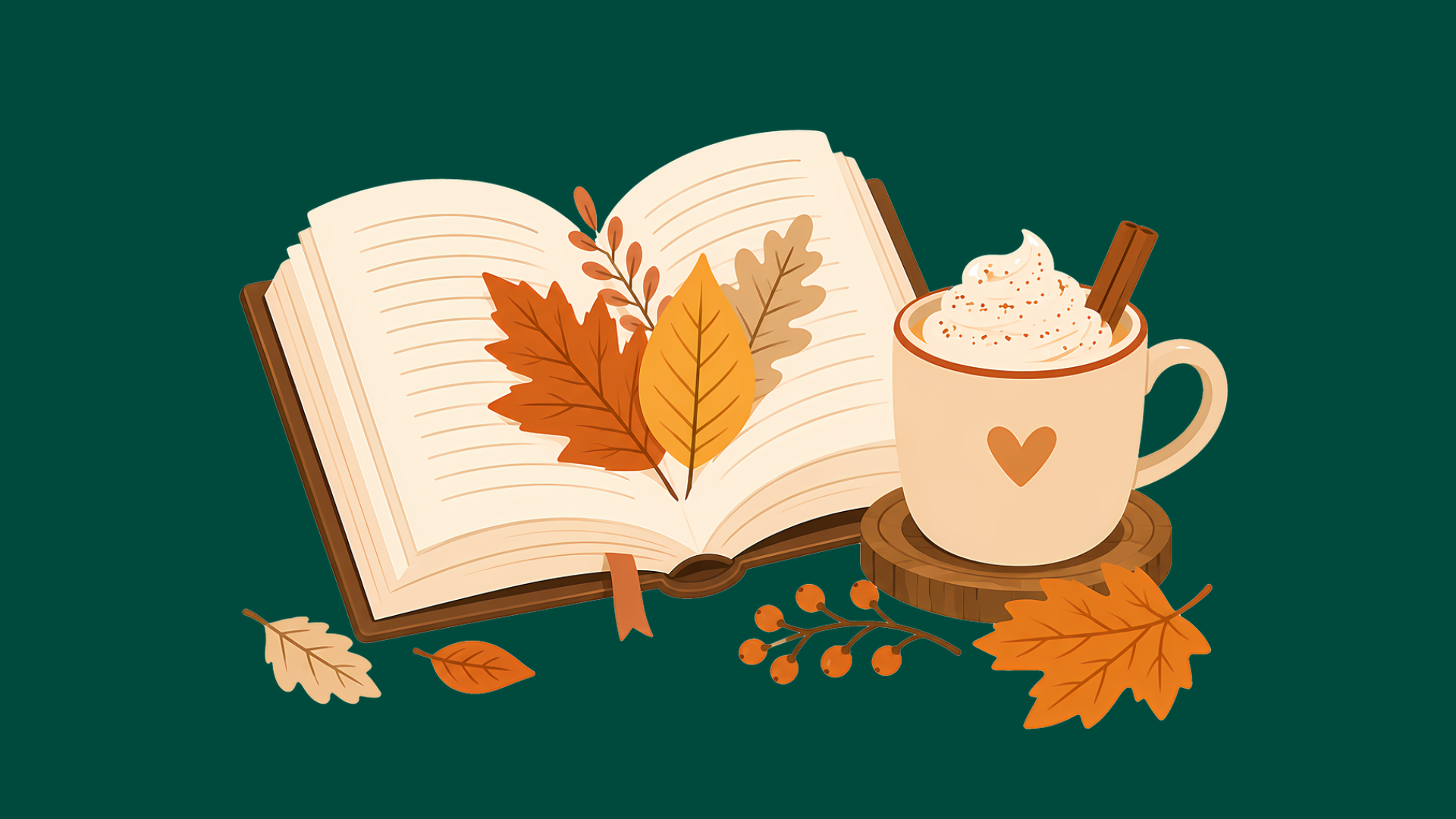 Illustration av en öppen bok med höstlöv, en kopp varm dryck med vispgrädde och kanel samt fler höstlöv och bär runt omkring, mot en mörkgrön bakgrund.